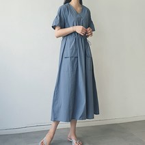 111 여름신상 여성 티셔츠 브이넥 카고 포켓 주머니 스트링 허리끈 바스락 롱원피스 3color
