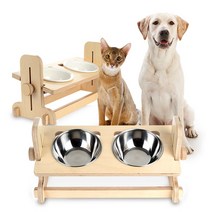캣토피아 높이조절 강아지 고양이 식탁 코팅원목 밥그릇 식기 물그릇, 2구 (스텐식기포함)