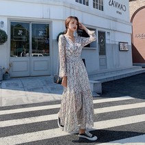 여름 원피스 플라워 쉬폰 쉬폰원피스 빅사이즈 프릴 롱 V넥 데일리 롱원피스 루즈핏 바캉스