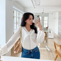 여자 트위스트 V넥 스판 긴팔 블라우스
