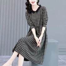 빅사이즈원피스 겨울하객 레이스 도트 캐주얼 루즈핏 하운드투스 프린트 미디 드레스 긴 소매 심플 오버핏 로브 가을 겨울