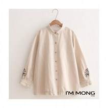 해외빠른 아이엠몽 여성 린넨 레이스 플라워 자수 블라우스 셔츠 베지는