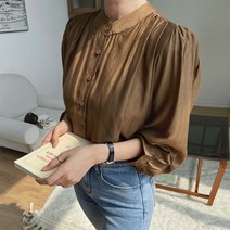 플랜데이 여성 차이나카라 라운드 퍼프셔링 여리 블라우스