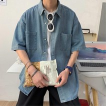 앞주머니 루즈핏 남자 반팔 청지남방 오버사이즈 여름청셔츠 단정