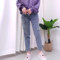 빅걸스토리 여성용 빅사이즈 밴딩 자수 패치 기본핏 세미 배기 청바지(L-5XL)