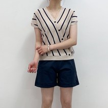 스트라이프 사선 배색 버튼 루즈핏 여름 반팔 니트