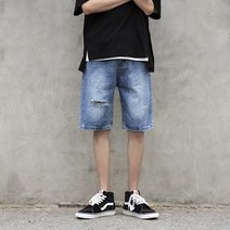 KORELAN 여름 신작 찢어진 데님 반바지 남성용 5 점 바지 여름 얇은 느슨한 데님 반바지 남성용 한국판 조수