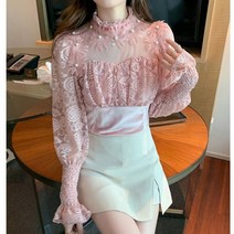 플라워 블라우스 꽃무늬 셔츠 여성 봄 긴팔 레이스 핑크 쉬폰 프릴