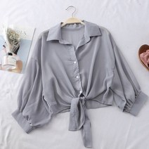 코발트 블루 셔츠 파란색 블라우스 남방 난방 하프 슬리브 버튼업 루즈한 캐주얼 묶인 허리 9776 봄 여름 신제품