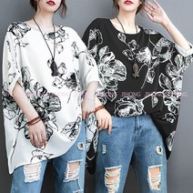 지홍 JIHONG 여름신상 꽃무늬 쉬폰 빅사이즈 블라우스 루즈핏 롱 나염