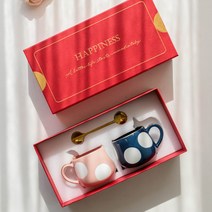Happiness Collection Impression 커플 머그잔 연인 머그컵 한 쌍 기념품 결혼 선물 상자 세트, [04] 스트라이프 그린 + 폴카 도트 그린 [블루 선