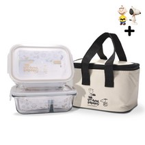 귀여운 스누피 2단 유리 도시락통 세트, 사각형 x 1140ml