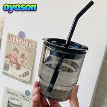 oyoson 커피 컵 콜드브루 커피잔 ins바람 갈색 대나무 빨대 컵 뚜껑이 있는 유리 동반 컵 넷 레드 밀크 티 컵, 스모크 그레이