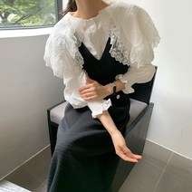 프렌치 레이스 빅터틀 벌룬 셔츠+테잎 트위드 멜빵 원피스세트
