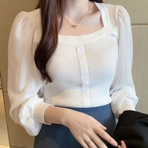 파인드미 데일리 여성 스퀘어넥 쉬폰 소매 니트 블라우스 셔츠 여성상의 여자 7W9F1C26