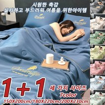 [1+1]아이스 실크 여름 이불 [세 가지 사이즈]물세탁 가능한 여름 이불 에어컨 여름 이불 차렵이불 냉감 침구, 200X230cm, 화이트*1+달빛 블루*1
