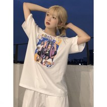 데일리룩 하복 하라주쿠 스트릿 밴드 프린트 루즈핏 라운드 반팔 티셔츠 상의 여성 트렌드 원색 사복