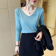 밀크봉봉 여성의류 브이넥 긴팔 상의 이너 라이너 얇은 스웨터 숏 니트