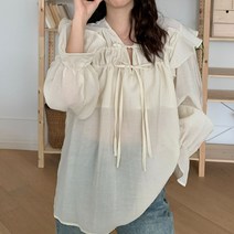 베이비돌블라우스 프릴 카라 셔링 리본 화이트 긴팔 루즈핏 빈티지 스트링 플레어