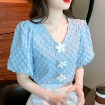 지9차이나 플라워 패치 브이넥 퍼프 반팔 블라우스