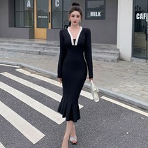 경숙하고 우아한 명원 기질 머메이드 원피스 여소중 디자인 고급스러움 브이넥 슬림 디너 파티 이브닝 드레스
