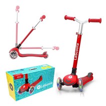 LaScoota Kick N Roll 아동용 스쿠터 LED 플래시 휠 및 미끄럼 방지 데크가 있는 3륜 높이 조절 가능한 스쿠터 만 3-12세 및 최대 45.4kg(100파운드, Red No Seat