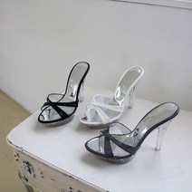 프리티슈 국내제작 엑스 스트랩 가보시 투명굽 뮬 슬리퍼 하이힐 12cm