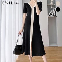 귈림 (귈림) 브이넥 배색 트임 반팔 롱원피스(GBMOP003P)