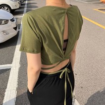 [백포인트] 백오픈 스트랩 트임 크롭 무지 반팔 티셔츠