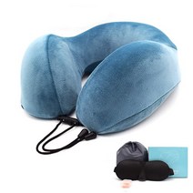 목에좋은경추베개 코골이방지베개 U자형 휴대용 머리 받침 메모리 폼 필러 32x28cm 아이 마스크 포함, 03 Blue