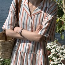린넨원피스 리넨 셔츠형 휴양지 여름 세로 스트라이프원피스 편안한 시원한 카라 단추원피스