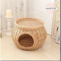 Makone 상표등록 강아지 고양이 숨숨집 라탄하우스, 브라운(쿠션)