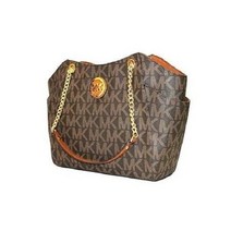 마이클 코어스 제트 세트 여행용 PVC 브라운 골드 체인 라지 숄더 토트 가방 레더