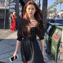 수지 원피스 스모크 밴딩 퍼프 도트 고윤정 로제 스퀘어 넥 미니