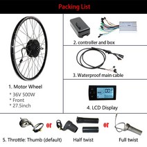 전기 자전거 전기 자전거 키트 배터리 36V 500W ebike 20 26 27.5 28 인치 700C 전면 후면 휠 허브 모터, 08 27.5inch front LCD, 01 with 10ah battery