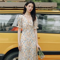 HGD 쉬폰 꽃 무늬 드레스 여성용 여름 퍼프 슬리브 롱 스커트