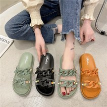 투명에 컬러 볼드 체인 3컬러 230-255 21jl0105 3.5cm 미들힐 통굽 패션 캐주얼 샌들 슬리퍼
