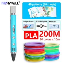 Myriwell RP-100C pla abs 1.75mm 필라멘트 3d 프린터 펜 저전압 안전 금속 쉘 USB 최고의 크리스마스 선물, 11 blue PLA200m Pattern, 11 blue PLA200m Pattern