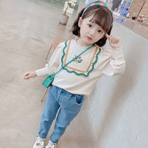 뽀뽀뽀 아동복 여아 그린꽃 퍼프티 + 청바지 상하세트 유아 키즈 아동 봄 가을 레이스 자수 티 블루진 상하복 옷