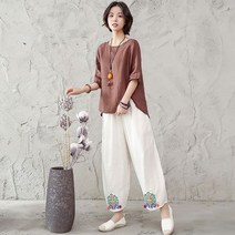 여성 여름 개량 퓨전 철릭 마 한복 세트 린넨 투피스 반팔 바지 한벌