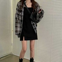 여자 20대 코디 루즈핏 체크 남방 끈 나시 원피스 세트 2p7 긴팔 셔츠 데일리룩 쇼핑몰 블랙 예쁜 미니