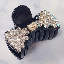 SUNNYDAY 큐빅 범벅 리본 헤어집게핀 성인 여성 반머리 반묶음 고정 블랙 크리스탈 보석 헤어핀 머리핀 고급 백화점 헤어 악세사리 NN8