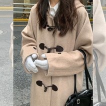 여성 더플 떡볶이 코트 겨울 레트로 오버 용 프레피 스타일 혼 버튼 모직 후드 트렌치