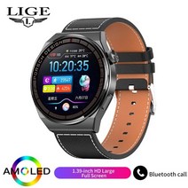 lige amoled watch for men smart watch 무선 충전 hd, 가죽 벨트 블랙