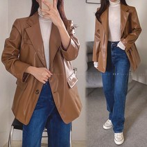 8598 (국내산) 레자 양가죽 투버튼 자켓 여성 캐주얼 봄 가을 간절기 세미 정장 오피스 청바지 코디