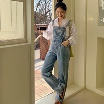 빈티지 chic 감령 연한 파란색 데님 멜빵 바지 여성 봄 가을 한판 루즈핏 와이드 팬츠 하이웨이스트 팬츠