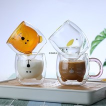 사케 화요 고량주 만화 더블 레이어 붕규산 유리 잔 오리 컵 곰 컵 우유 컵 가정용 물, 핑크 돼지, 201-300ml
