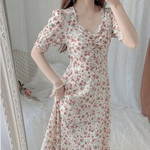 미미앤느 복고풍 붉은 꽃무늬 트임 스커트 슬림 원피스 110878