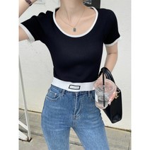 여성 반팔 라운드 크롭 니트티 프렌치 스위트 핫 걸 스트라이프 니트 숄더 티셔츠 여