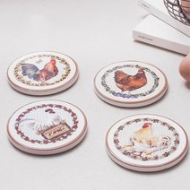 도자기 닭그림 원형 코스터 컵받침 4P 주방 컵홀더
